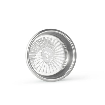 MHW-3BOMBER 58mm espresso filter basket. Stainless steel, precise holes, logo detail.