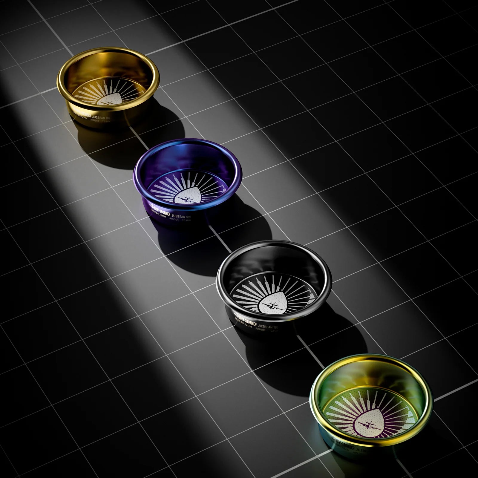 MHW-3BOMBER JusBean filter basket, 58mm, in gold, blue, black, and green. Shown on a black background.