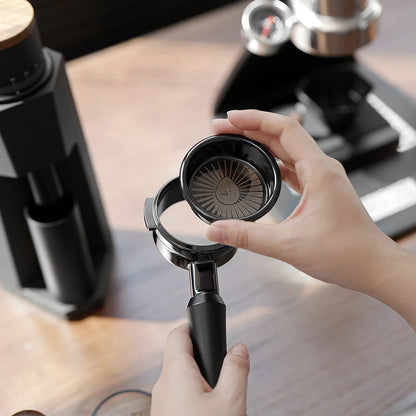 MHW-3BOMBER JusBean 58mm filter basket, black. Precise holes for espresso. Held by hands. 