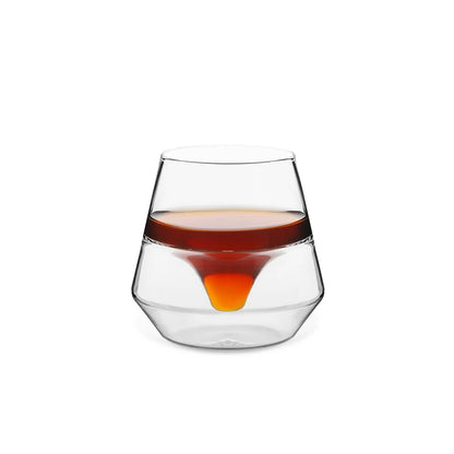 MHW-3BOMBER DW Series glass cup with unique design and coffee-colored liquid. Double-walled, heat-resistant borosilicate glass.