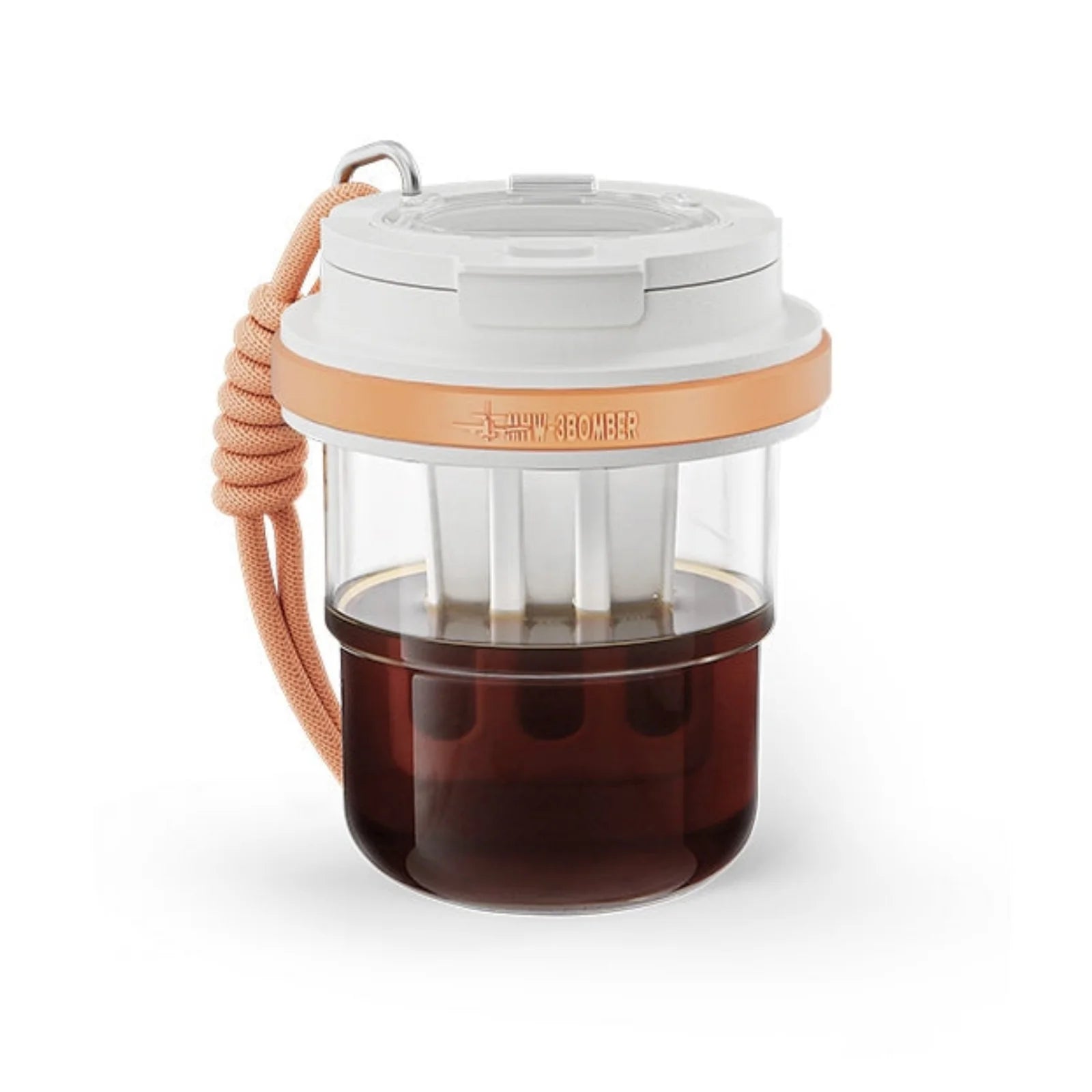 MHW-3BOMBER ice cool cold brew cup, 530ml. Transparent body, white top with orange band, and peach strap.