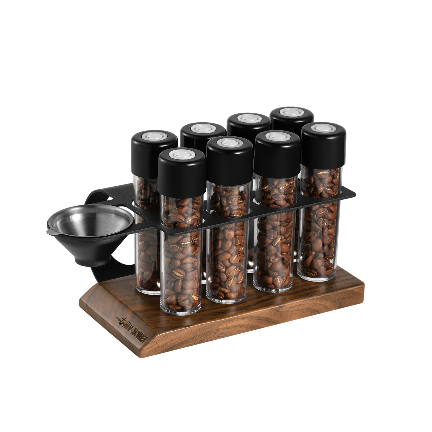MHW-3BOMBER coffee energy tubes set. Clear tubes with black lids in a wooden and metal stand. Holds coffee beans.