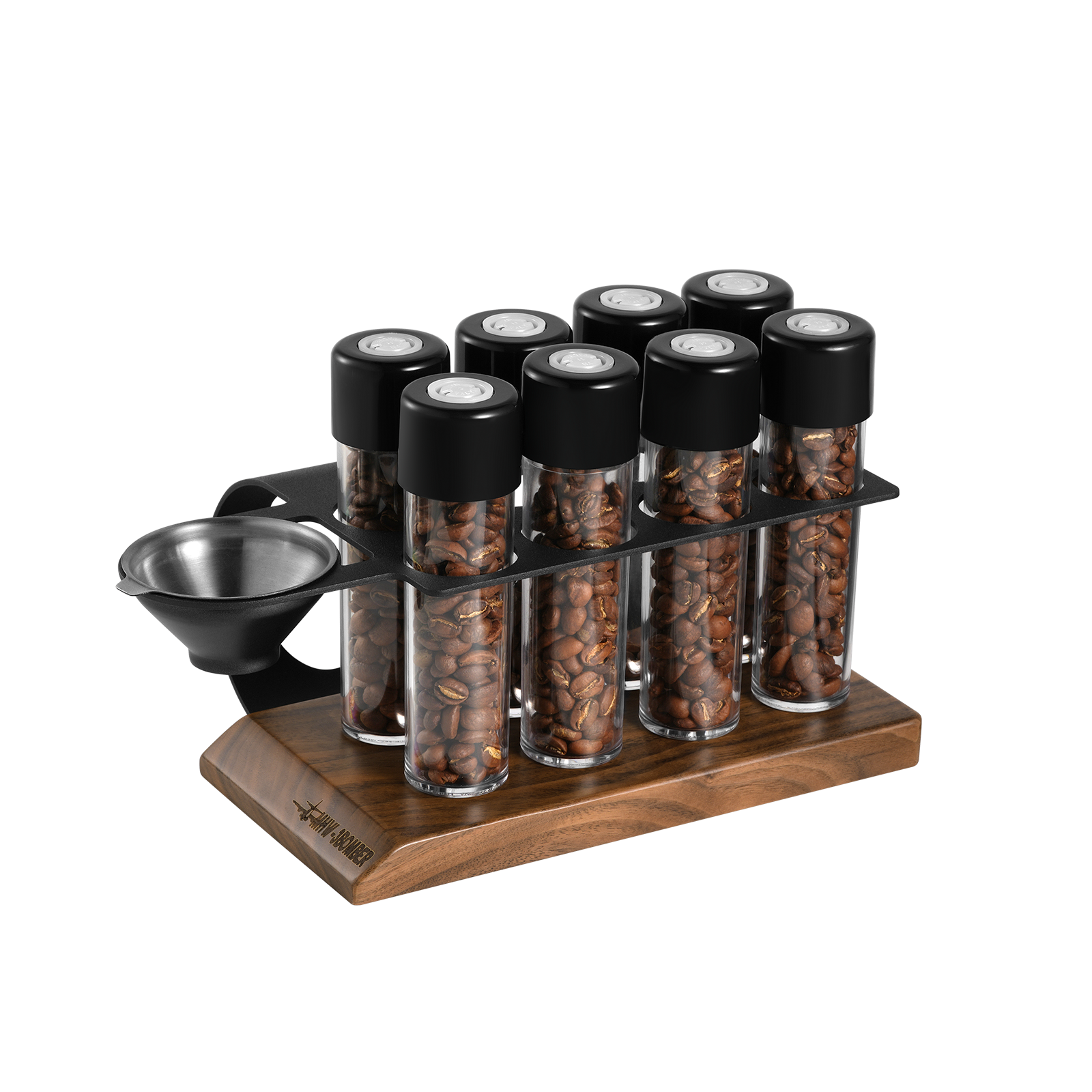 MHW-3BOMBER coffee energy tubes set. Clear tubes with black lids in a wooden and metal stand. Holds coffee beans.