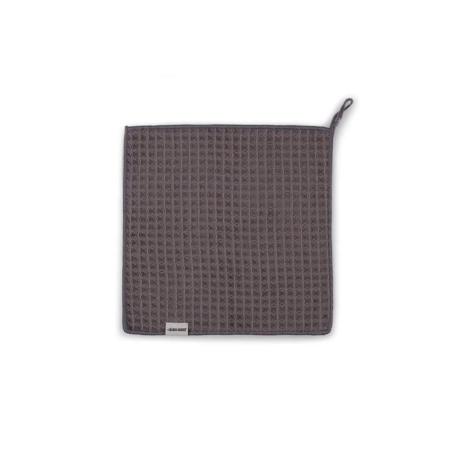 Barista towel in gray waffle texture. Part of Daily Cleaning Essentials Kit. Includes loop. 