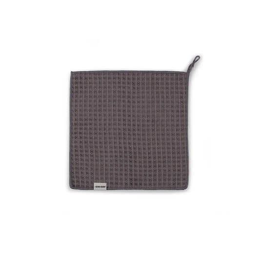 Barista towel in gray waffle texture. Part of Daily Cleaning Essentials Kit. Includes loop. 