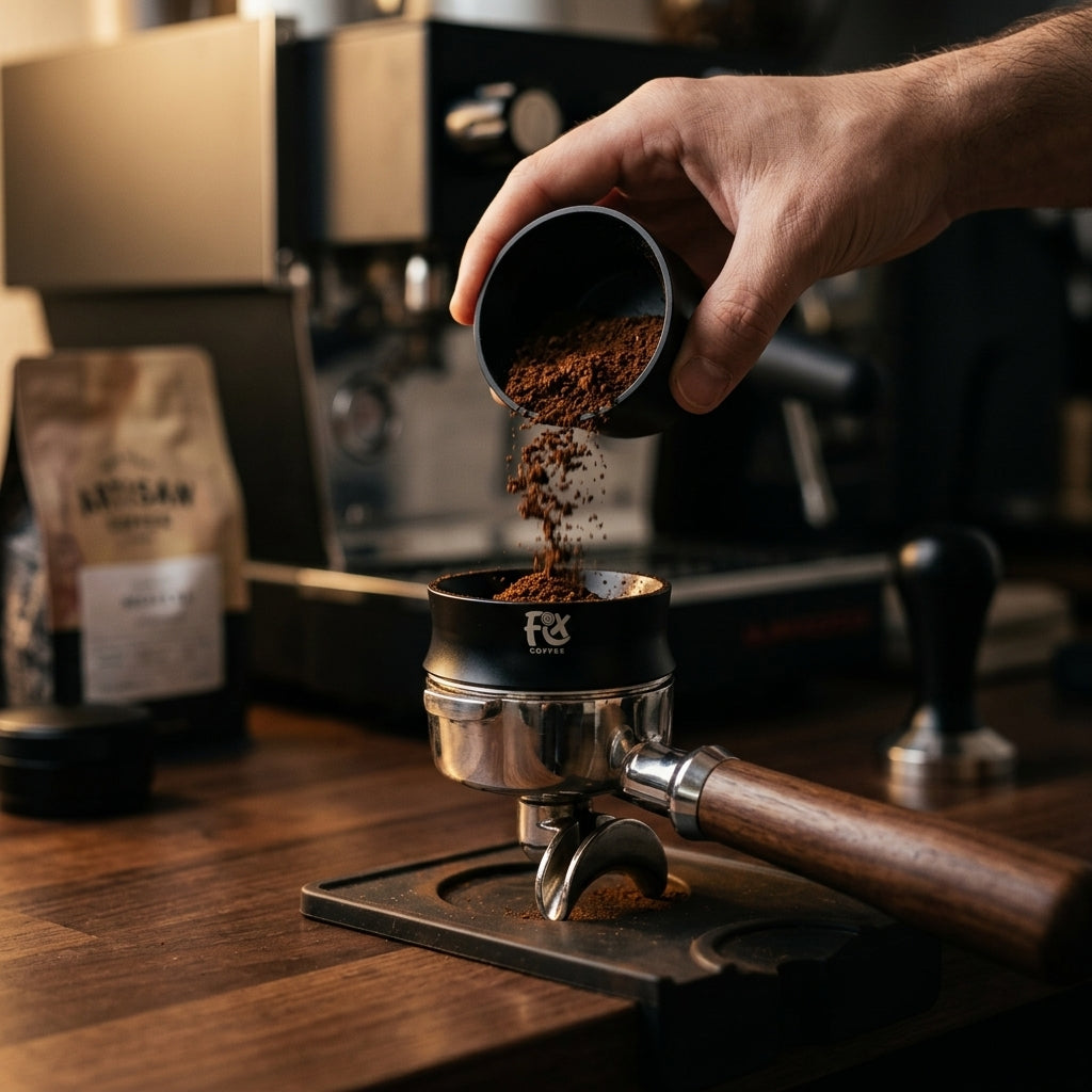 Fix Coffee Magnetic Dosing Ring in use — pouring coffee grounds from a dosing cup through the ring into a 58mm portafilter on a walnut countertop