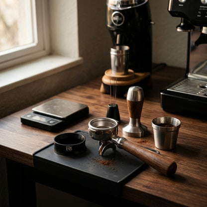 Fix Coffee Magnetic Dosing Ring as part of a complete espresso workflow station with portafilter, tamper, WDT tool, scale, and dosing cup on walnut countertop