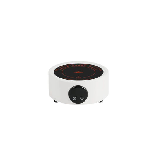 MHW-3BOMBER Electric Coffee Heater. Portable mini stove with black top, white base, & power buttons.