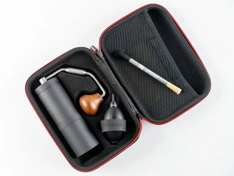 1Zpresso X-Ultra grinder kit. Gray grinder, cleaning brush, blower in red-trimmed case. 